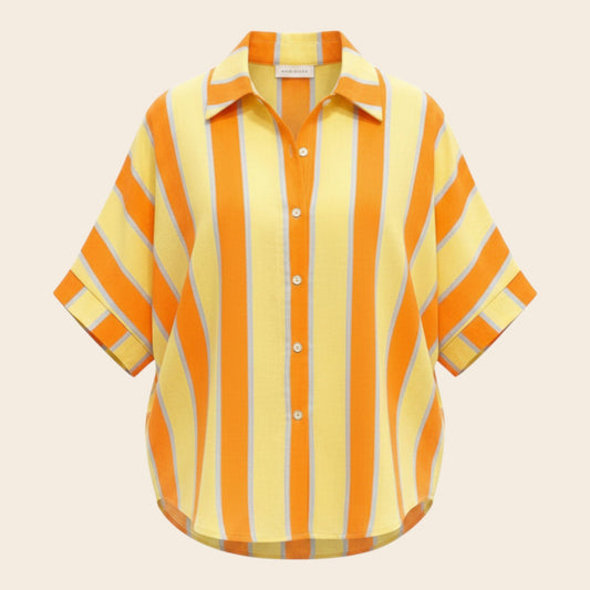 Feather & Sole yellow and orange striped short sleeve button-up shirt with grey accents. Lightweight fabric, classic collar.