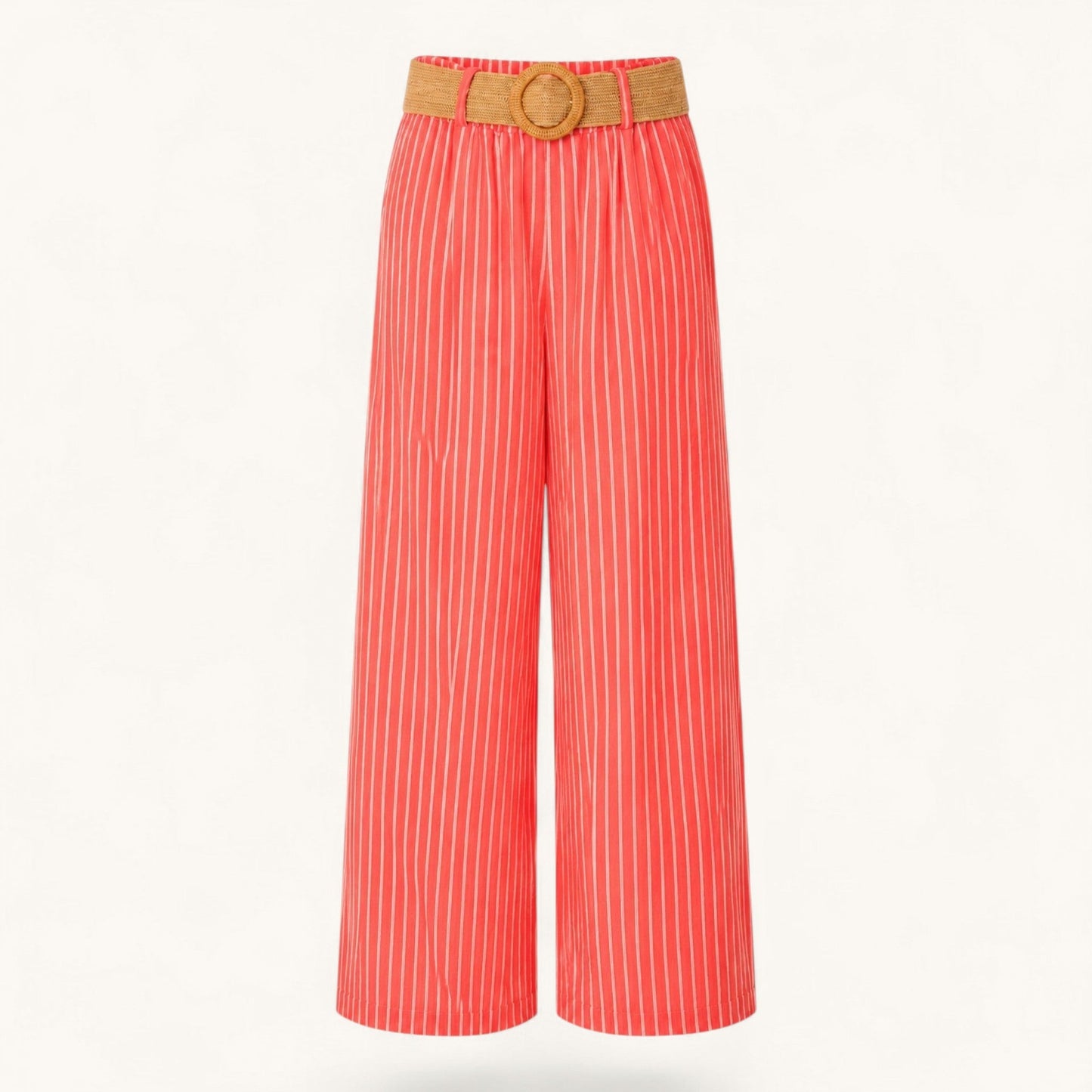 Feather & Sole coral high-waisted wide-leg trousers with white vertical stripes and a woven rattan buckle belt.