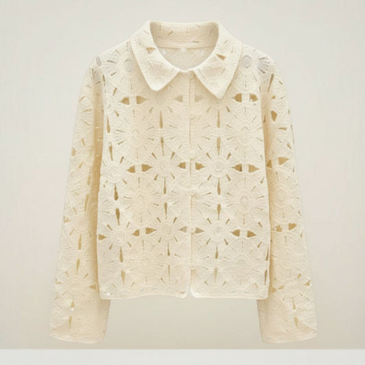 Feather & Sole cream crochet jacket with floral motif, collar, and button front. Open-knit fabric.