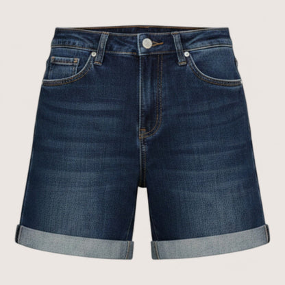 Feather & Sole dark blue denim P208 high-waisted stretch shorts with cuffed hems and zip-button closure.
