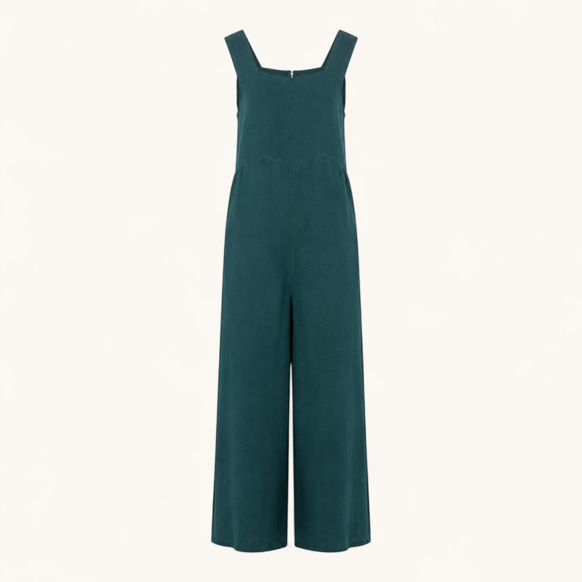 Feather & Sole forest green sleeveless wide-leg jumpsuit with a square neckline and structured waist seam.