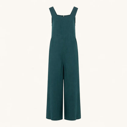 Feather & Sole forest green sleeveless wide-leg jumpsuit with a square neckline and structured waist seam.