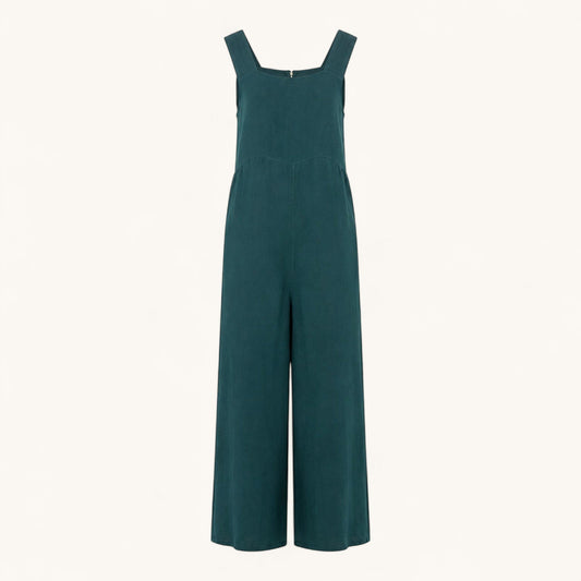 Feather & Sole forest green sleeveless wide-leg jumpsuit with a square neckline and structured waist seam.