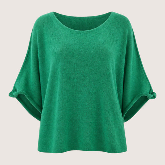 Feather & Sole green fine knit top with dolman sleeves and a rounded neckline. Made from 50% cotton and 50% acrylic.