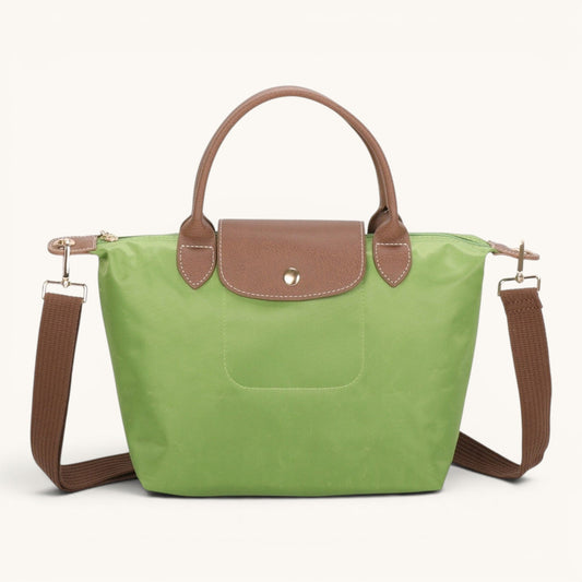 Feather & Sole lime green nylon top-handle shoulder bag with brown leather accents and a front flap pocket.