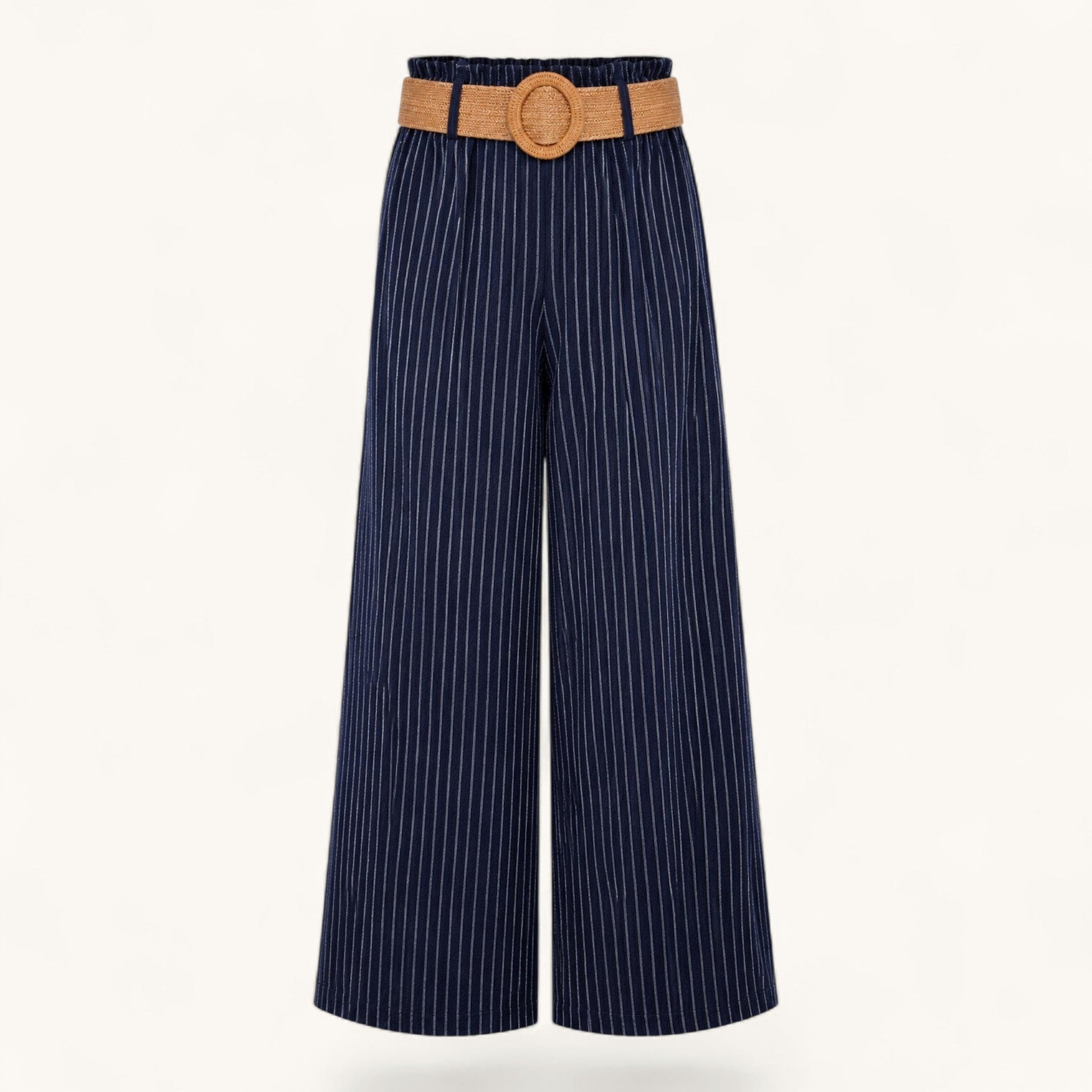 Feather & Sole navy pinstriped wide-leg trousers with a high-waisted paper-bag fit and a woven straw-effect belt.