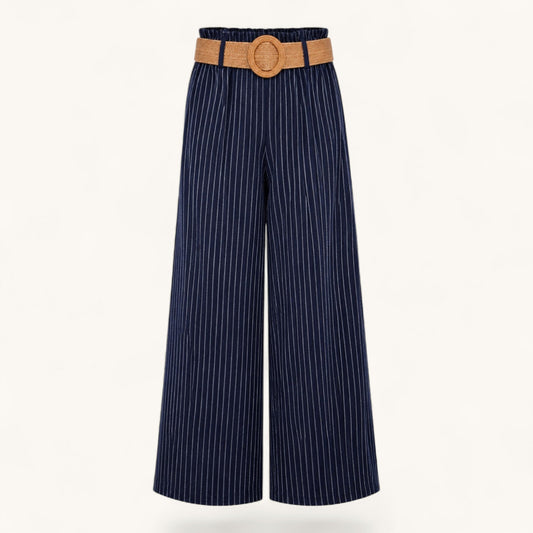 Feather & Sole navy pinstriped wide-leg trousers with a high-waisted paper-bag fit and a woven straw-effect belt.