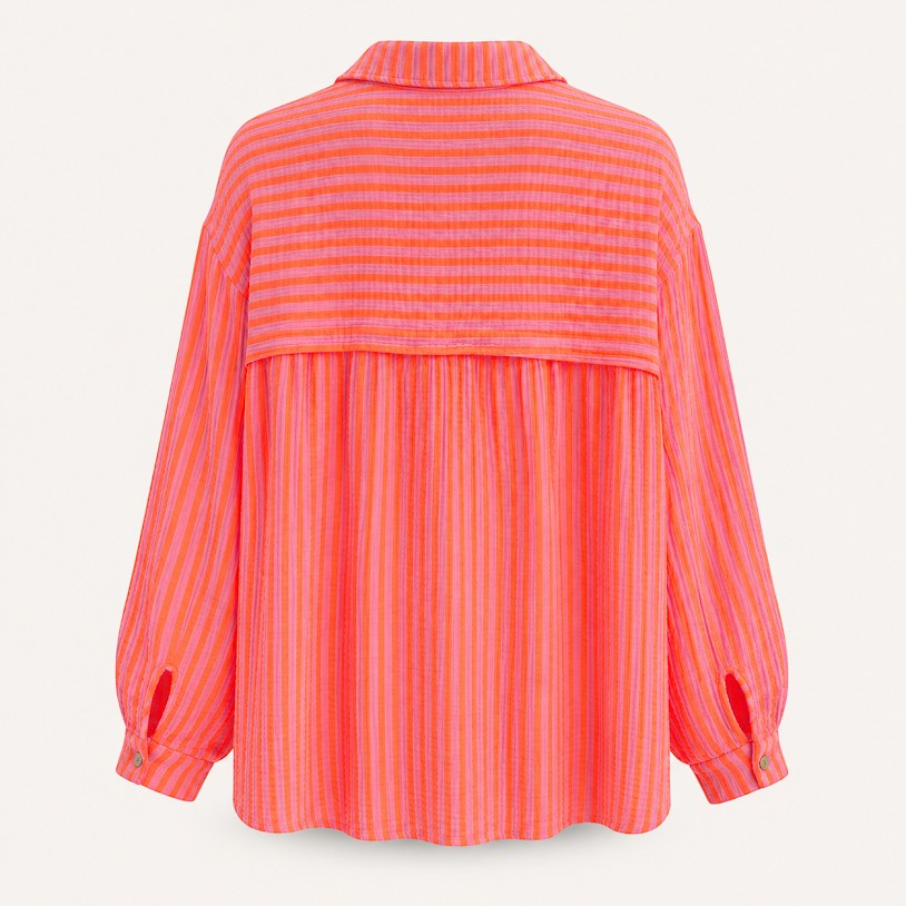 Back view of a Feather & Sole neon orange and pink striped lightweight cotton-blend button-down shirt.