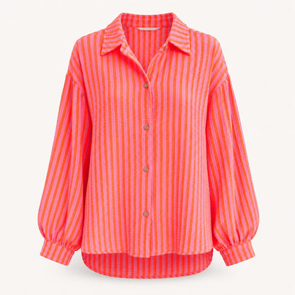 Feather & Sole neon orange and pink striped lightweight cotton-blend button-down shirt with a relaxed oversized fit.