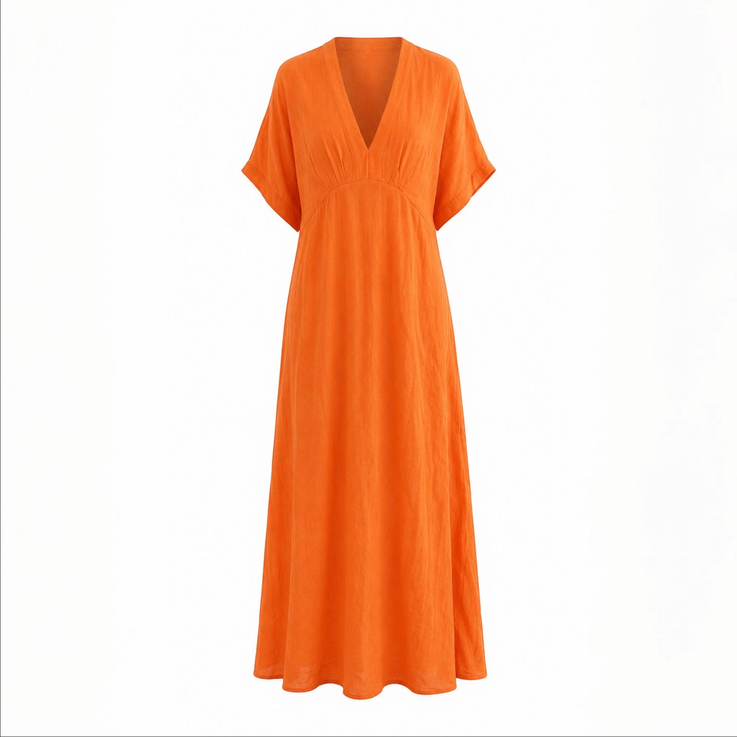 Feather & Sole orange V-neck midi dress, 100% cotton, short sleeves, relaxed fit.