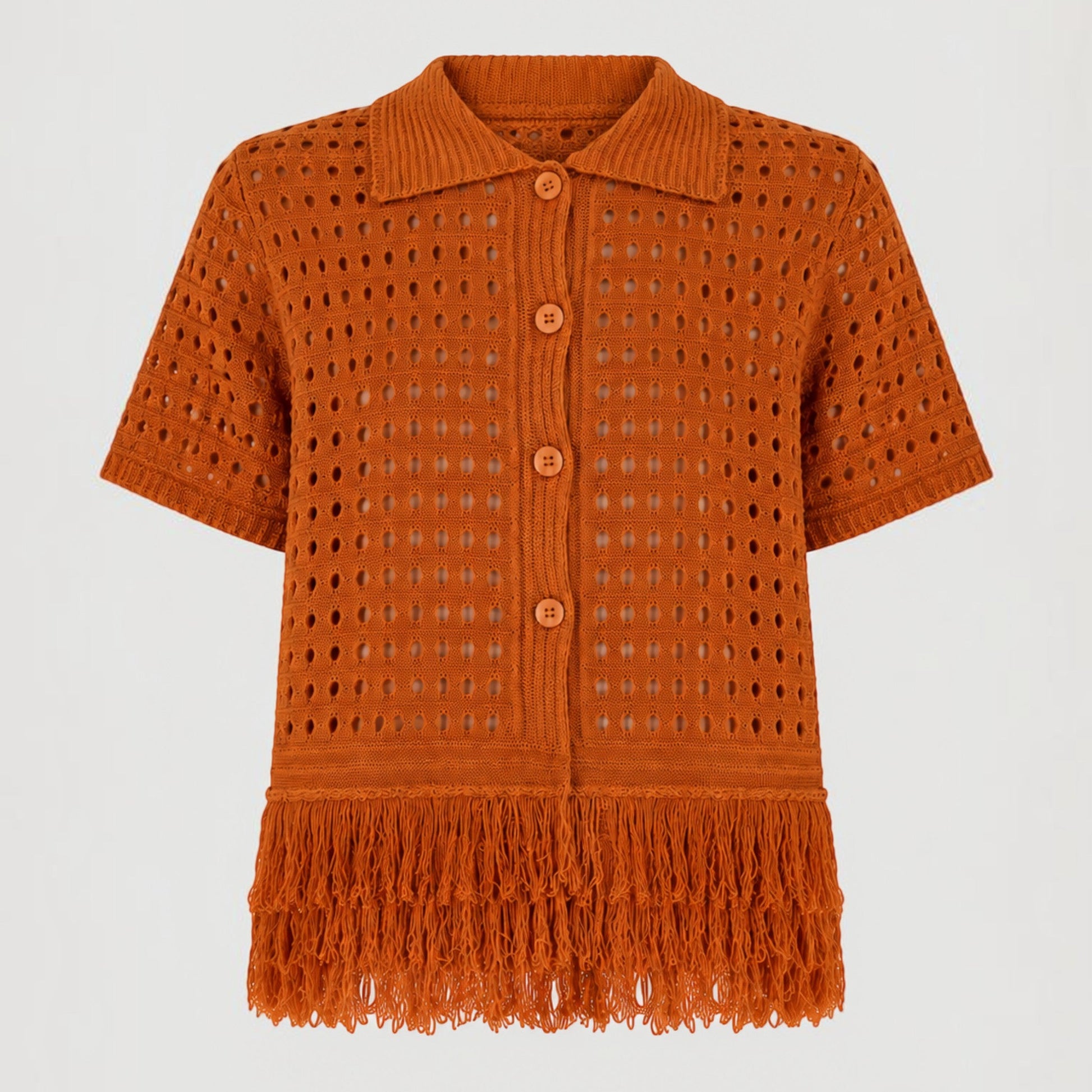 Feather & Sole orange knit short-sleeved collared top with open crochet detail and fringe hem.