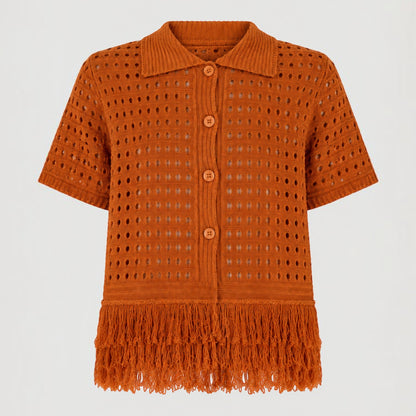 Feather & Sole orange knit short-sleeved collared top with open crochet detail and fringe hem.