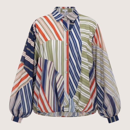 Feather & Sole patchwork stripe button-down shirt in navy, orange, green, and cream. Lightweight, oversized blouse with balloon sleeves.