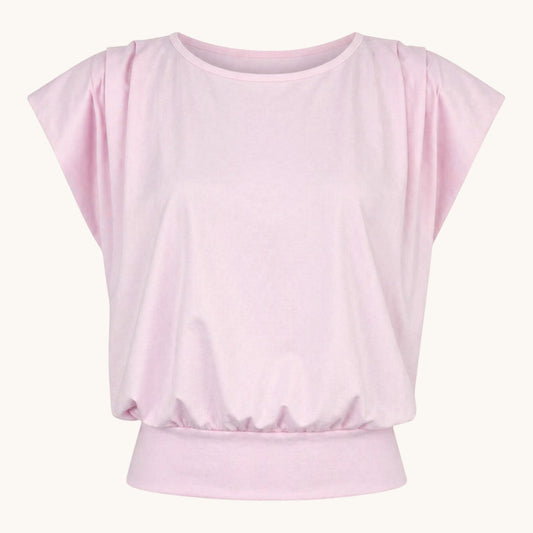 Feather & Sole pink cotton t-shirt with gathered cap sleeves and elasticated hem.