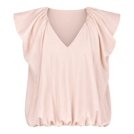 Feather & Sole pink plain v-neck top with gathered short sleeves and elasticated hem.
