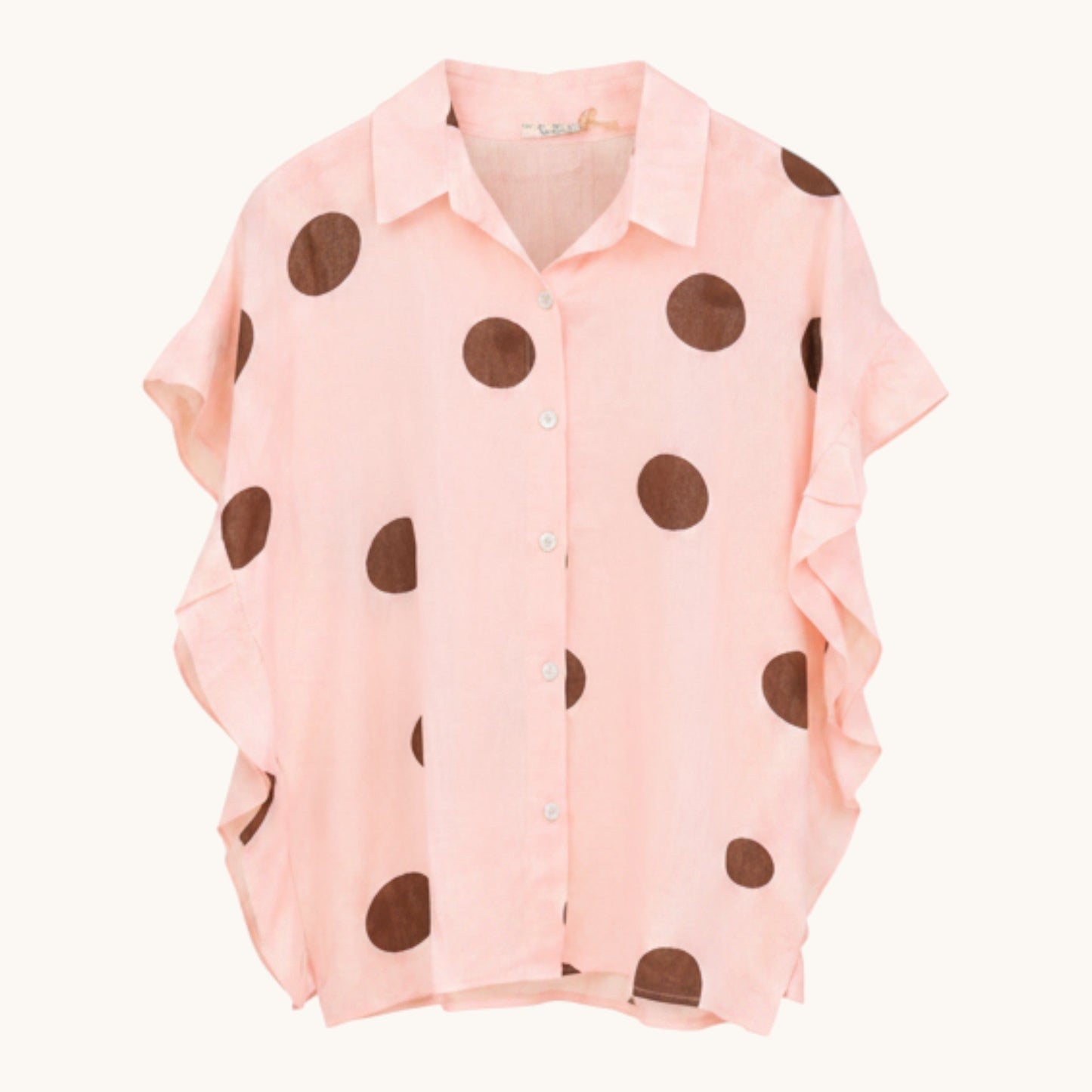Feather & Sole pink 100% cotton shirt with large brown polka dots and ruffled short sleeves.