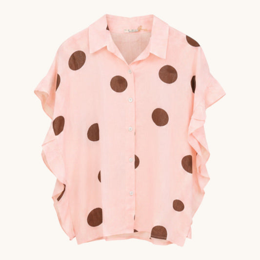 Feather & Sole pink 100% cotton shirt with large brown polka dots and ruffled short sleeves.