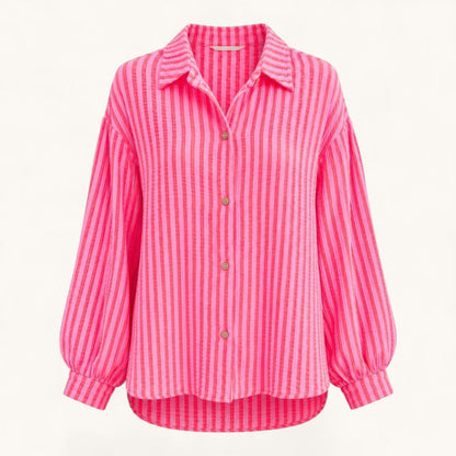 Feather & Sole pink striped long sleeve button down shirt with voluminous sleeves and a classic collar.