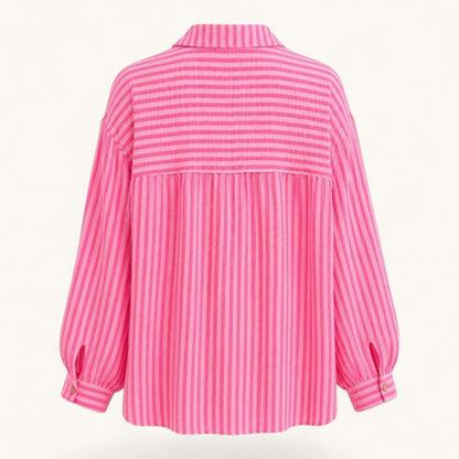 Feather & Sole pink striped long sleeve button down shirt with a relaxed fit and textured fabric, back view.