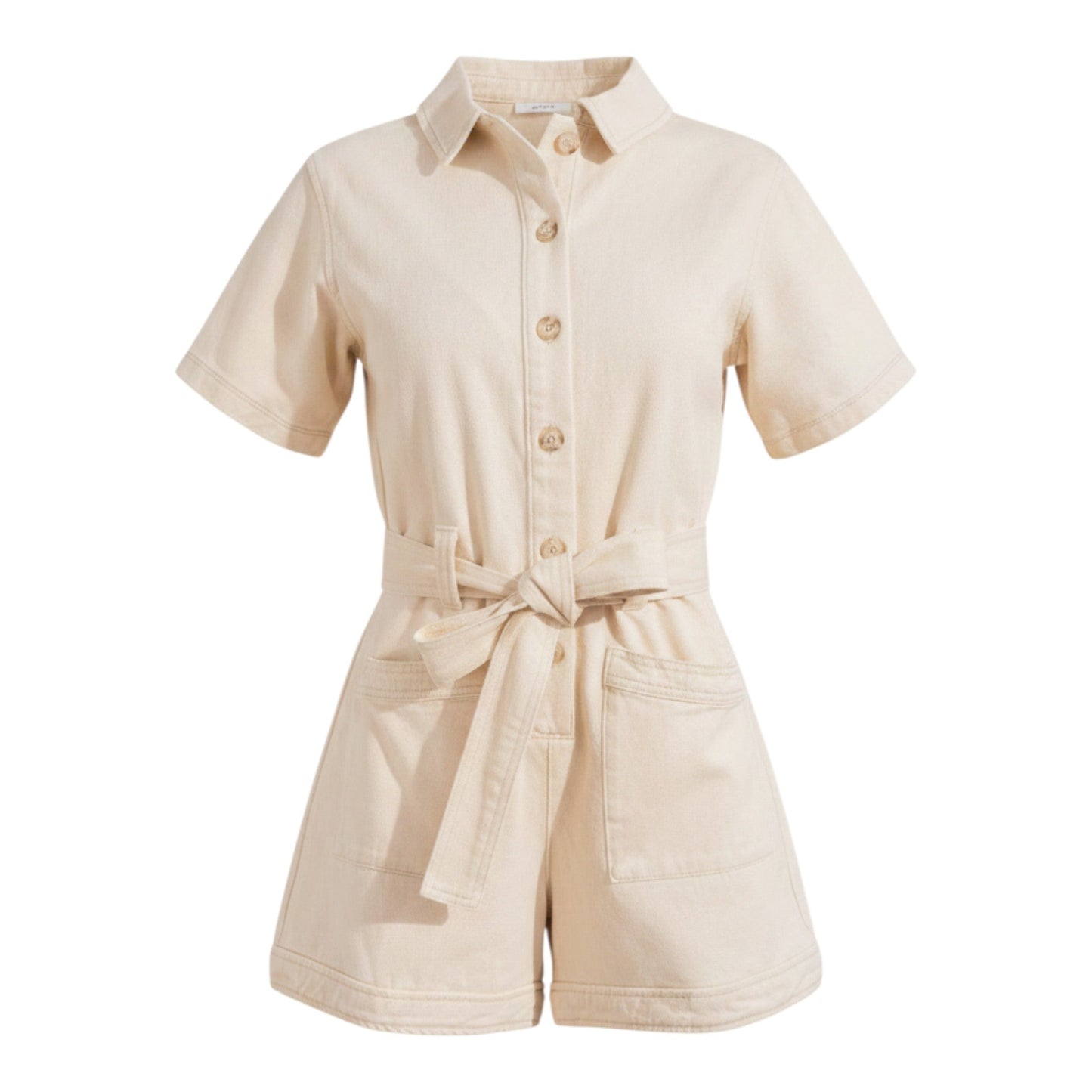 Feather & Sole beige linen-blend Suzy playsuit with short sleeves, collar, button front, belted waist, and pockets.