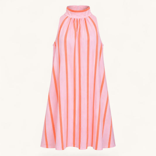 Feather & Sole sleeveless shift dress in pink and orange vertical stripes with a high neck and A-line silhouette.