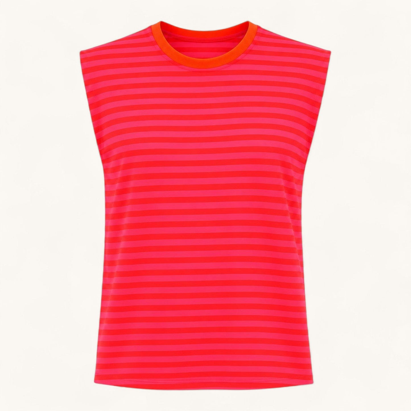Feather & Sole sleeveless crew neck tank top featuring vibrant hot pink and red stripes with an orange neckline.