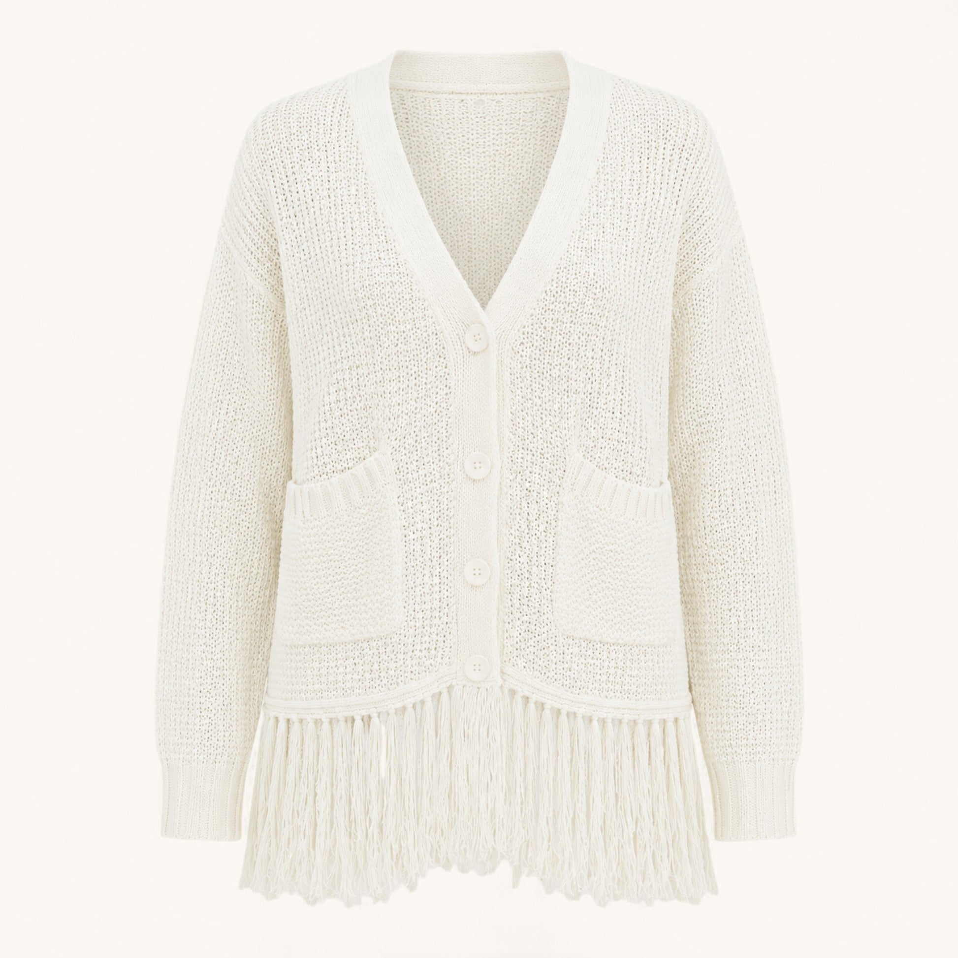 Feather & Sole white crochet knit cardigan with fringe hem, V-neck, button front, and two front pockets.