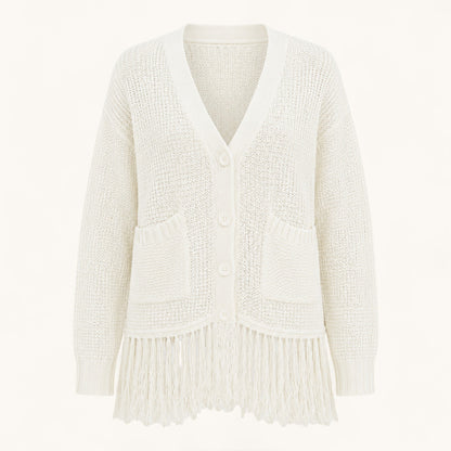 Feather & Sole white crochet knit cardigan with fringe hem, V-neck, button front, and two front pockets.