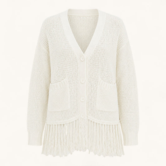 Feather & Sole white crochet knit cardigan with fringe hem, V-neck, button front, and two front pockets.