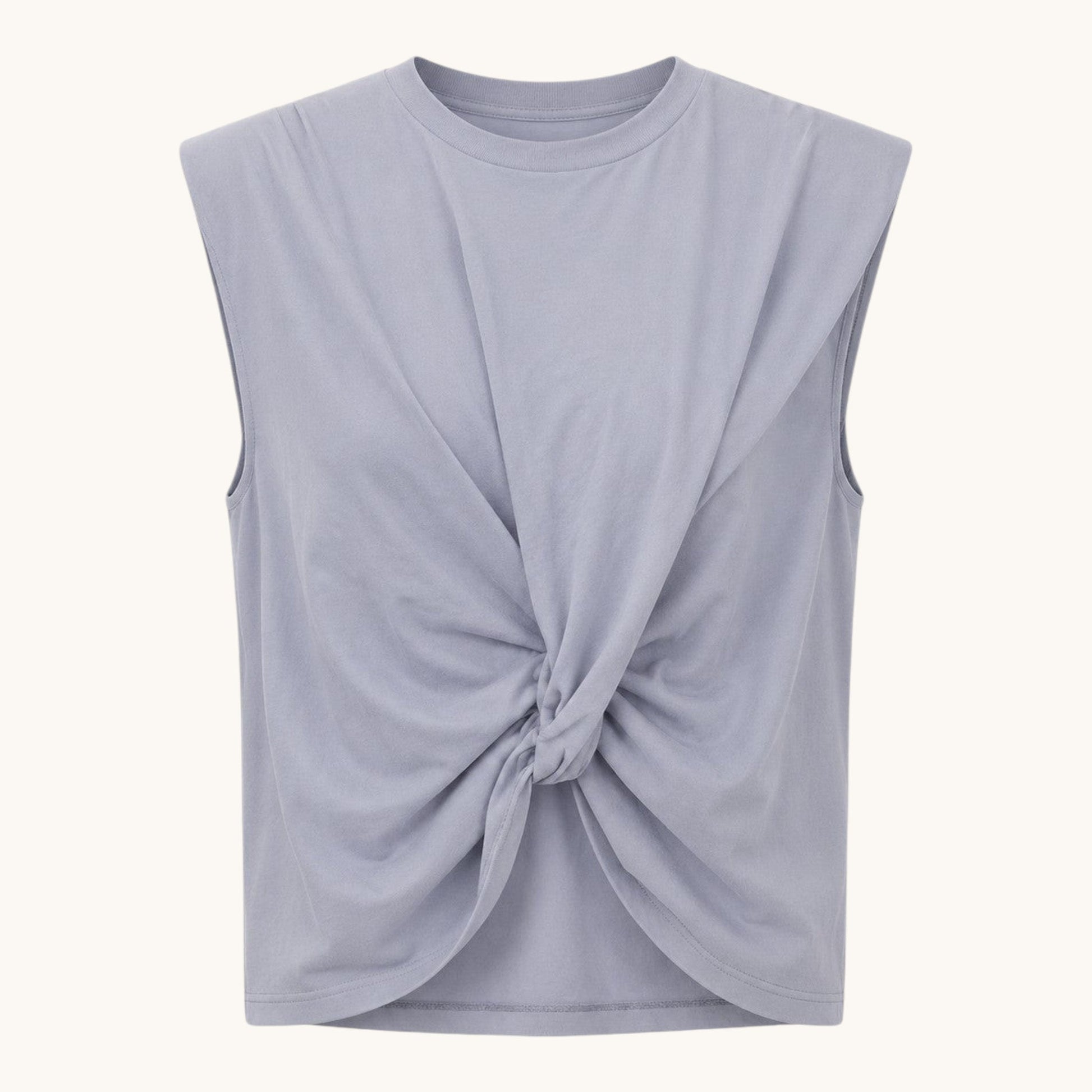 Feather & Sole light blue cotton sleeveless top with twisted front detail and padded shoulders.