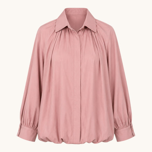 Feather & Sole pink collared shirt with gathered yoke, balloon sleeves, and elasticated hem.