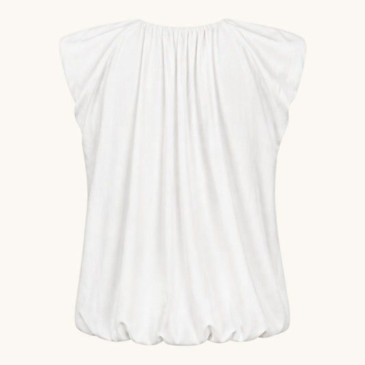 Feather & Sole white V-neck gathered shoulder and hem sleeveless top.