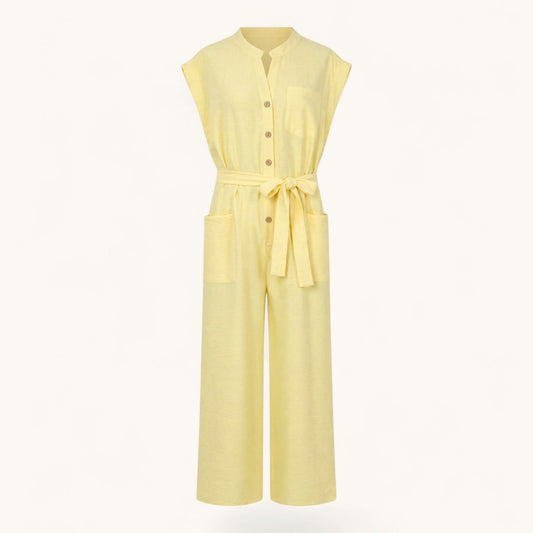 Feather & Sole yellow linen-blend short-sleeve jumpsuit with a belted waist and button front.