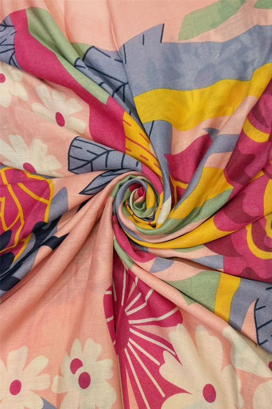 Pink Bold Mixed Floral Print Frayed Scarf