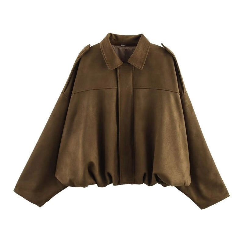 Brown Faux Suede Bomber Style Jacket